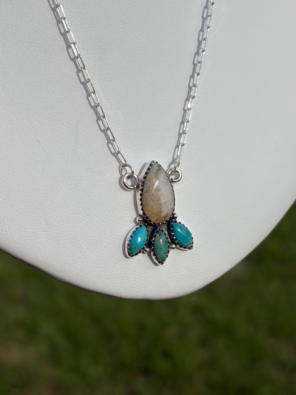925 Sterling Silver Mariposite & Kingman Turquoise Pendant Necklace